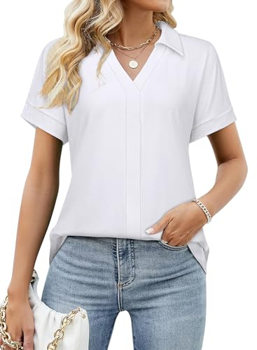 Amrto Weiße Bluse Damen Kurzarm Sommer Elegant Tunika Business Blusenshirt Lässig Hemd Shirt Damenblusen Modern, L