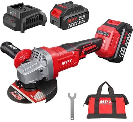 Cordless Grinder - MPT 21V Cordless Angle Grinder with 4.0Ah Li-Ion Battery & Charger, 4-1/2 Inch Blade, Powerful Brushless Motor, Battery Grinder Tool for Metal Wood with Auxiliary Handle