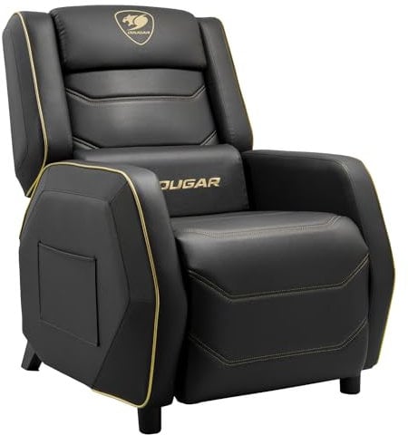 COUGAR Gaming | Sillón Gaming | Ranger S Royal - Sofá Negro y Oro - Cuero PVC - Reposacabezas y Almohada Lumbar - Reposapiés Plegable - Respaldo Inclinable