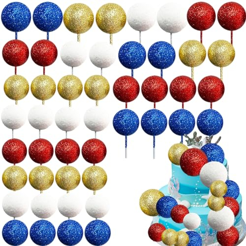 48 PCS Ball Cake Topper Foam Balls Cake Decorations Valentine's Day Cupcake Toppers Insert Bubble Balls for Birthday Wedding Disco Anniversary Baby Shower Party Decor Supplies