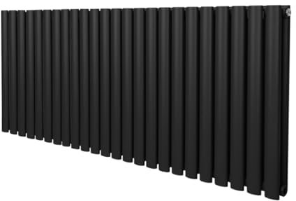 Oval Column Radiator 600mm x 1440mm Modern Designer Double Panel Central Heating Heater Matt Black Carbon Steel Horizontal Kitchen Living Room Bathroom Free Cleaning Brush Fixing Kit & Brackets