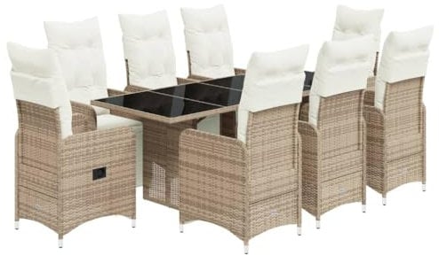 vidaXL Garten Bistroset 9-TLG., Balkonset mit Kissen, Gartenmöbel Tisch 8 Verstellbare Stühle, Balkonmöbel Sitzgruppe Gartengarnitur, Braun Poly Rattan
