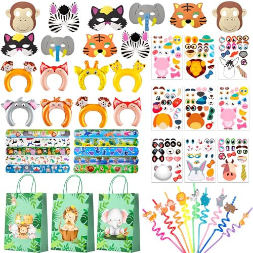 Huxolynifty Jungle Safari Party Favors 60 Pcs Animal Party Favor Set Jungle Safari Party Favors Children's Birthday Snap Bracelet Masks Diy Face Stickers Balloon Headbands etc Safari Animal Favors