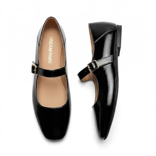 DREAM PAIRS Women's Square Toe Mary Jane Flats,Black-Oily,7.5