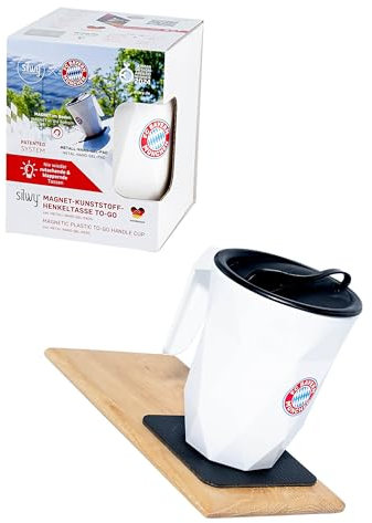 silwy® Magnet-Henkeltasse TO-GO, mit Bayern München Logo gebrandeter Cup mit integrierten Magneten und metallischem Nano-Gel-Untersetzer (KUNSTSTOFF TO GO CUP)