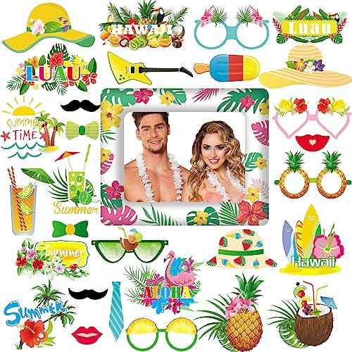 ZOCONE 29 Pezzi Photo Booth Hawaiana Accessori, Accessori per Foto Divertenti Hawaii Foto Props Booth Cabina Fotografica Puntello Cornice Puntelli Kit per Festa Matrimonio Gadget Feste Estive