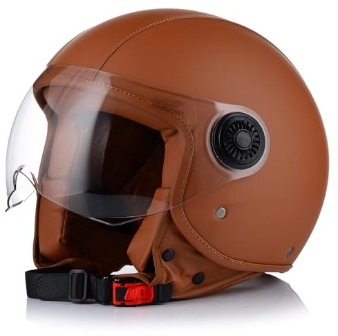 VITO Amsterdam Jethelm ECE R22.06 | Leder-Optik | 1100 g | Motorradhelm mit UV-Schutz, Kratzfestes Visier & Klickverschluss | S–XL