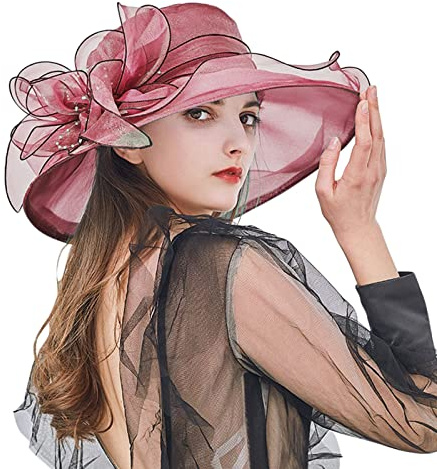 Organza Hut Damen Breite Krempe Sommerhut Strandmütze, elegant Frühling und Sommer, mit großem Rand Sonnenhut für Strand, Hochzeit, Hut