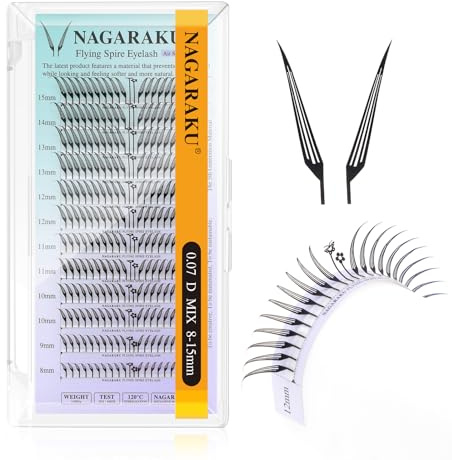NAGARAKU Flying Comic Spire Wimpern 240 Fans Federform Manga Weich Volumen Einteilig Design Einfach Anzubringen Flacher Ansatz Spitze Basis Fächer mit 24 Fans Schmetterling + Blume Lash(0.07 D 8-15mm)