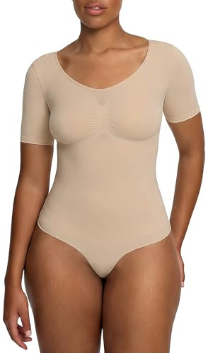 CFab Shapewear Damen Bauchweg Kurzarm Body String mit festem Halt | Body Shaper Damen mit T Shirt Ärmeln weichem Stretch und String Schnitt für glatte Looks unter engen Kleidern Hosen Jumpsuits