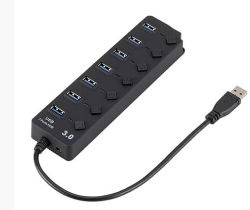 7-Port USB 3.0 Hub Powered Multi Portable USB Adapter Extension Hub with Individual Switches Lights High-Speed Data for PC, Laptop, Macbook, Flash Drives, Mobile HDD Black