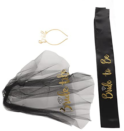 CHICIRIS Bride to Be Tiara, Krone, Schleier, Schärpe, Party-Dekorationsset, Schwarzer Wasserfall mit Doppeltem Bandrand in der Mitte, Montiert auf Kamm für Hochzeits-Brautdekoration, Satin-Finish
