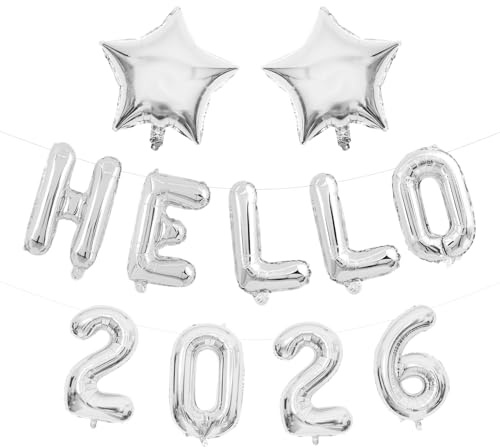 Silvester Deko 2026, Hello Decoration 2026 Set, Glänzende Silber Zahlen 2026 und Stern Folienballons, Happy New Year Girlande, Neujahr Deko Ballon Silvester Party Helium Ballon Girlande