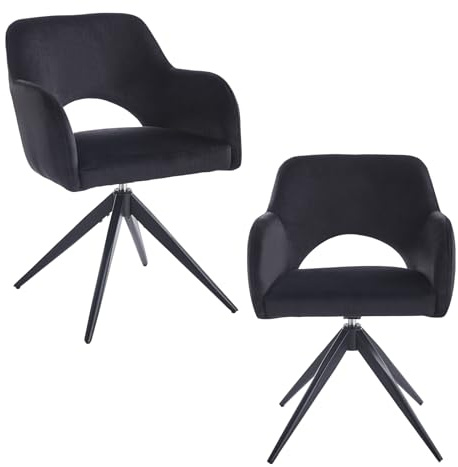 stone princess 2er Set Drehbare Esszimmerstühle mit Armlehne – 360° Samt Polsterstuhl mit Auto-Return Funktion, Gepolstert, Schwarze Metallbeine, für Esszimmer & Küche