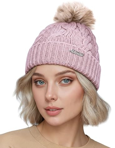 Neverless® Damen Strick-Mütze Merino Wollmütze Bommelmütze Wintermütze mit Umschlag Pudelmütze Strickbeanie