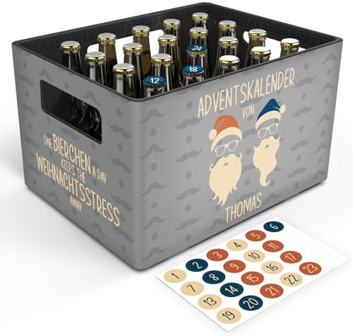 GRAVURZEILE Bierkasten-Banderole - Adventskalender - Cool Santa V1 - Personalisiert mit Name - Geschenkidee für Männer zu Weihanchten - Inkl. 24 Flaschendeckel-Aufkleber - Passend für 20er Bierkasten
