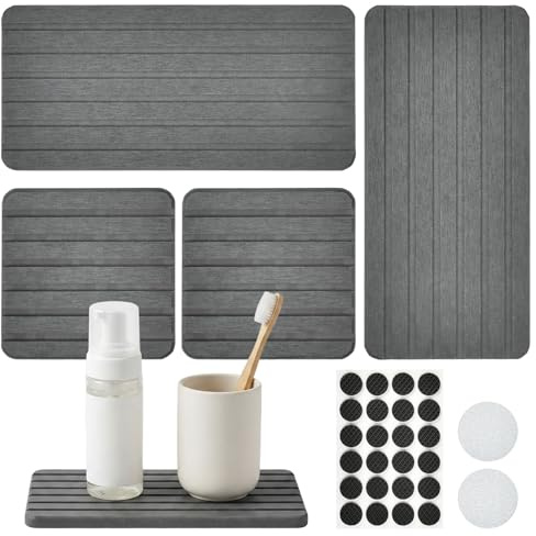 Rkixlix Lot de 4 Tapis Égouttoirs en Diatomite, 21x10cm / 10x10cm | Plateau Absorbant en Pierre de Diatomée pour Lavabo, Dessous de Plat Salle de Bain, Tapis Séchage Vaisselle