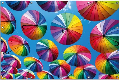 Wallario Outdoor-Poster für Garten oder Balkon Bunte Regenschirme vor blauem Himmel, Motivbanner Größe: ca. 120 x 180 cm, Outdoor-Bild
