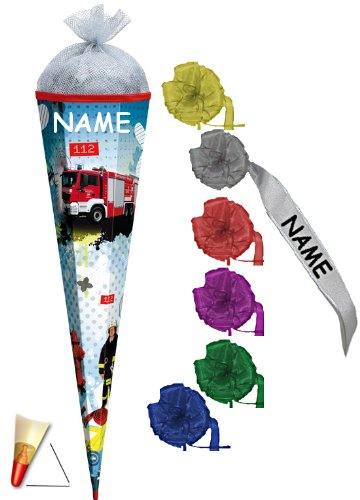 3-D Schultüte - Feuerwehr - mit Licht Effekt - mit Holzspitze 85 cm - incl. individueller Schleife - Roth - für Jungen Zuckertüte Auto