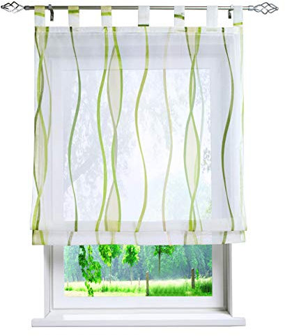 Voile Raffrollo mit Wellen Druck Design Rollos Schlaufen Transparent Vorhang (BxH 80x140cm, grün)