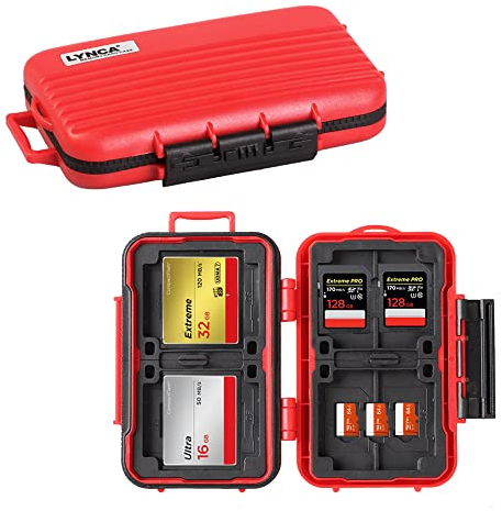 LYNCA Memory Card Case Holder, Memory Card Hard Protector Case Professional Water-Resistant Anti-Shock Compact Camera Card Hard Storage Box for 8 SD Cards 4 CF Cards 12 Micro SD/TF Cards (Red)