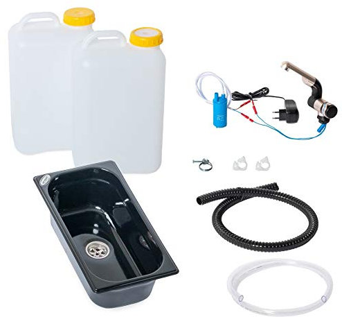 Wasseranlage Imbisswagen Verkaufsanhänger Campingküche 230v Bausatz Spüle schwarz 325x176x100 + Wasserhahn Barwig Chrom Wasserkanister 19 Liter (ad-ideen)