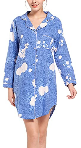 CHUNG Chemise de Nuit à Manches Longues Boutonnée pour Femme - Pyjama à Carreaux en Flanelle et Coton, Pivoine Bleue, M