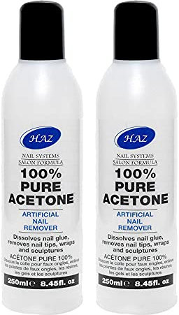 HAZ 100% Pure Acetone, Nail Polish Remover, UV/LED Gel Soak Off, Removes Gel Polish, Acrylics, Nail Tip & Glue, Fibreglass Extensions, Salon Professional Super Strength Formula (250ml - 2 Pack)