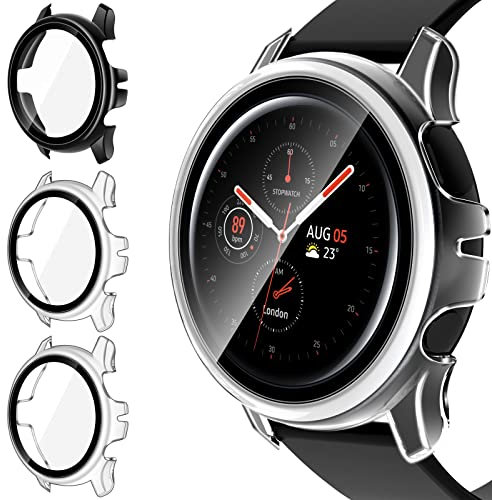 iVoler 3 Pezzi Cover con Vetro Temperato per Samsung Galaxy Watch Active 2 44mm, Copertura Completa Custodia Rigida PC, HD Clear Pellicola Protettiva Anti-Graffio Case, 2 Trasparente + 1 Nero