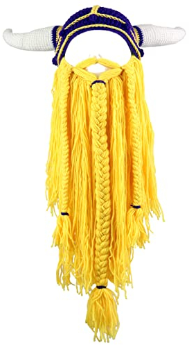 YEKEYI Wikingermütze mit großem Horn, Beanie, Bart Wikinger, Strickmütze, Barbar, lustige Skimütze, lustige Halloween-Mütze, Weihnachtsmütze, Gelber Bart lila Hut, 58