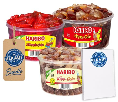 HLKauf Bundle große Auswahl Minibeutel Süßigkeiten & Notizblock (KissCola, KirschCola, Happy Cola + 1 HL Kauf Block)