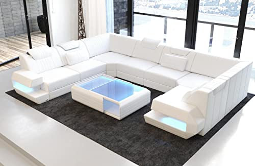 Sofa Wohnlandschaft Ragusa Ledersofa U Form - mit LED Beleuchtung, verstellbare Kopfstützen/Lederfarben wählbar/Ausrichtung wählbar (Lange Seite links, White)