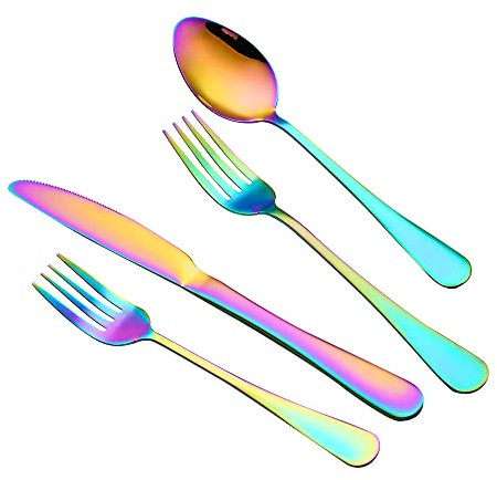 Juego De Cubertería Arco Iris De 16 Piezas, Para 4 Personas, Juego De Cuchillo, Tenedor Y Cuchara, Cubiertos De Acero Inoxidable, Aptos Para El Lavavajillas (Arco iris)