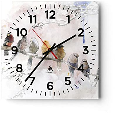 Modern Wanduhr Vögel Kanarienvogel Zweig 40x40cm Quadrat Groß Wand Uhr Glas Analog Zimmeruhren Küche Büro Wohnzimmer Glasuhr Wall Clock Dekoration Design Wanddekoration Küchenuhr C4AC40x40-4175