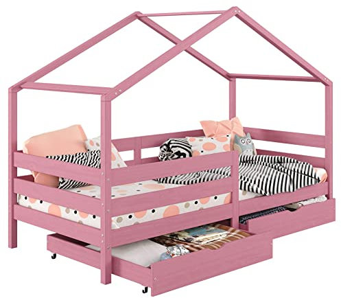 IDIMEX Lit cabane ENA lit Enfant Simple Montessori 90 x 190 cm, avec 2 tiroirs de Rangement, en pin Massif lasuré Rose