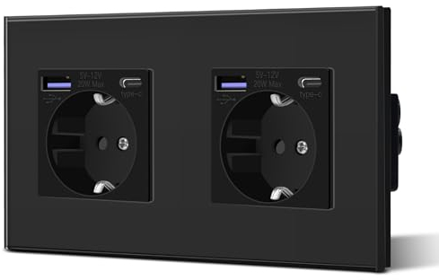 BSEED Schuko Wand Doppelt Steckdose mit 20W USB & Typ C Schnellladegerät Glas 3 in 1 Unterputz Wandsteckdose Ladeleistung und USB C Adapter Aufladestation, Einfache Installation Schwarz
