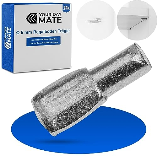 Regalboden Träger Stifte D5, 24 Stück, Bodenträger für Ø 5 mm Bohrlöcher, mit 11 x 8 mm Auflagefläche, aus massivem Stahl, Rost-frei, Einlegeboden Halter, Regalbodenträger Möbel, Regalstützen Schrank