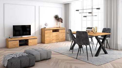 Skraut Home - Ensemble de Meubles de Salon | Table 140 Pieds X 6 convives | Meuble TV 140 | Crédence/Buffet 140 | Chêne et Noir | Style Industriel