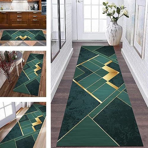 Teppich Läufer Lang Flur Küche rutschfest waschbar Küchenläufer Polyester 90X500CM Korridor Teppichläufer Grün Gold Modern Schlafzimmer Wohnzimmer Küchenteppich Meterware Teppichmatten Flurläufer