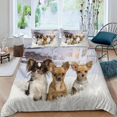 VIMOOR Chihuahua, Papillon Bettwäsche Set 135x200cm Kinder Jungen Mädchen Hund Bettbezug mit Reißverschluss und 2 Kissenbezüge 80x80cm 3D Weich Mikrofaser Jugendliche Bettbezüge 3teilig Winter