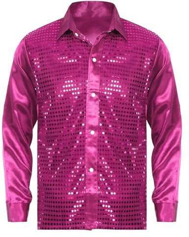 ranrann Homme Chemise Paillette Manches Longues Haut Danse Disco Jazz Soirée Costume Spectacle Clubwear S-L Rose Vif S