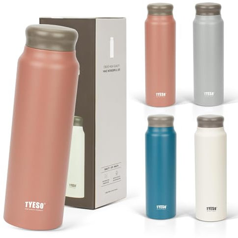 TYESO Botella de agua, ligera, fina, 800 ml, termo, aislada al vacío, acero inoxidable, construcción de doble pared, amplia apertura, oficina en casa, adultos, niños, rojo coral