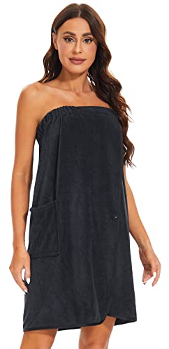vislivin Bademantel Damen Frottee Saunakilt Saunatuch Frauen Sauna Kilt mit Druckknöpfen und Gummizug Black S/M