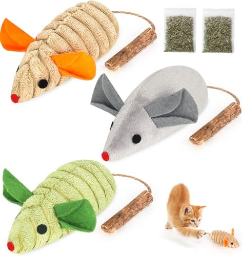 Aucenix Cat Catnip Toys Mice - Interactive Mouse Plush Pillows with Silvervine Sticks for Indoor Cats, 3 Pcs Animals Toys for Teeth Cleaning, Chewing Matatabi for Kitten Bite Playing