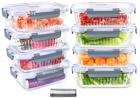 IUGHN 640ml Glass Food Containers with Lids, Set 8, Non-slip Meal Prep Containers Glass, Air Tight Glass Food Storage Container, Glass Containers with Lids for Microwave, Oven, Freezer and Dishwasher