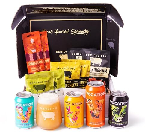 Serious Pig + Vocation Brewery | Craft Beer And Snacks Tasting Experience Gift Box | With Professional Tasting Notes And Glassware (12 Packs)