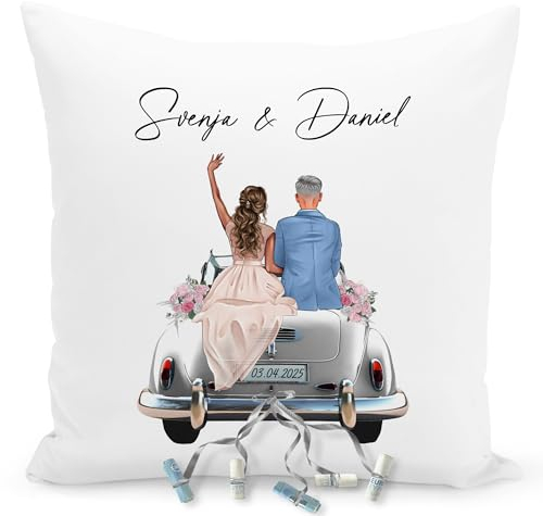 DEL MÀ Unique & Personal Hochzeit Kissen personalisiert Hochzeitsgeschenk für Brautpaar Geldgeschenk Verpackung Dekokissen für Geld 40x40 cm inkl. Füllung und Bezug (Brautpaar V2)