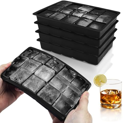 Silicone Ice Cube Trays CNMTCCO 4 Pack Ice Cube Tray with a Total of 60 compartments, Large Square ice Cubes 3.5 cm for Whiskey, Cocktail, Wine, ice Cream (Black + Silicone Soft lid)