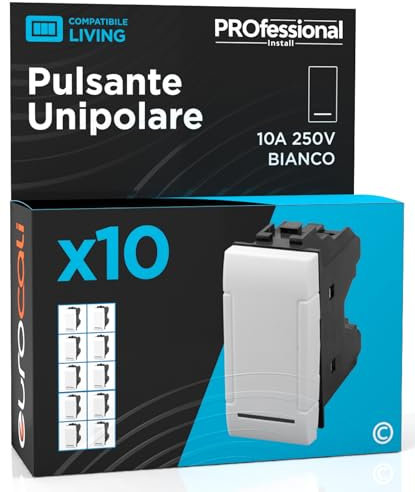 Pulsante Unipolare 10A 250V Compatibile con BTicino Livinglight Tasto a Polo Singolo a Incasso da Muro Frutti Elettrici Colore Bianco - Confezione da 10