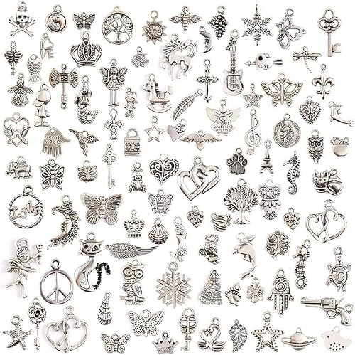 Perlin Metall Anhänger Mix Set Talisman Anhänger aus Silberfarbe, DIY-Bastel-Charms, Halskette, Armband, 100 Verschiedene Modelle